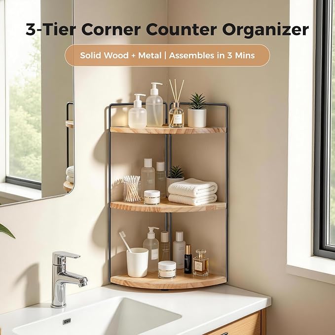 3 Tier Corner Bathroom Counter Organizer – Solid Wood + Metal Stand, Bathroom Countertop Organizer for Skincare, Makeup & Vanity, Space-Saving Rustic Storage for Sink, Kitchen & Bathroom