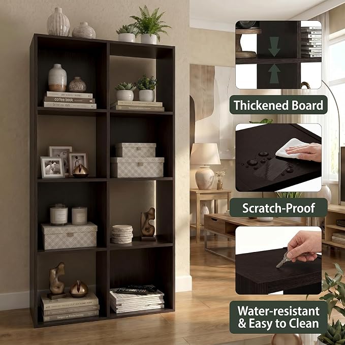 WannabeMyself【Sturdy Build&Easy Assembly】8 Cube Storage Organizer with Anti-Tipping Kits,Reversible Open Back Book Shelf, Bookcase for Living Room,Bedroom,Entrance Hall,Office,24.1×11.4×47.7,Chocolate