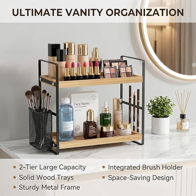 2-Tier Wood Bathroom Counter Organizer with Basket,Waterproof Vanity Perfume Skincare Storage for Bathroom, Kitchen, Dresser