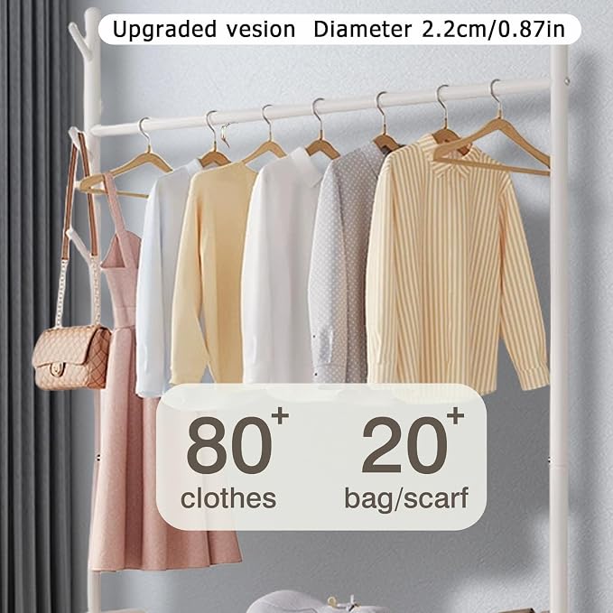 MYUPDALIN Clothes Rack with Shelves, Clothing Rack with Wheels, Multifunctional Hangers with Storage Baskets and Shoe Racks, Ideal for Bedrooms and Living Rooms (White, Bold 90cm/35in)