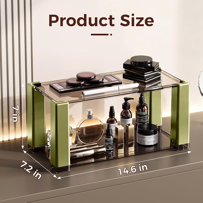 2 Tier Makeup Organizer with Drawer,Perfume Organizer,Clear Organizer for Vanity,Kitchen,Pantry,Skincare Organizer for Women, Green
