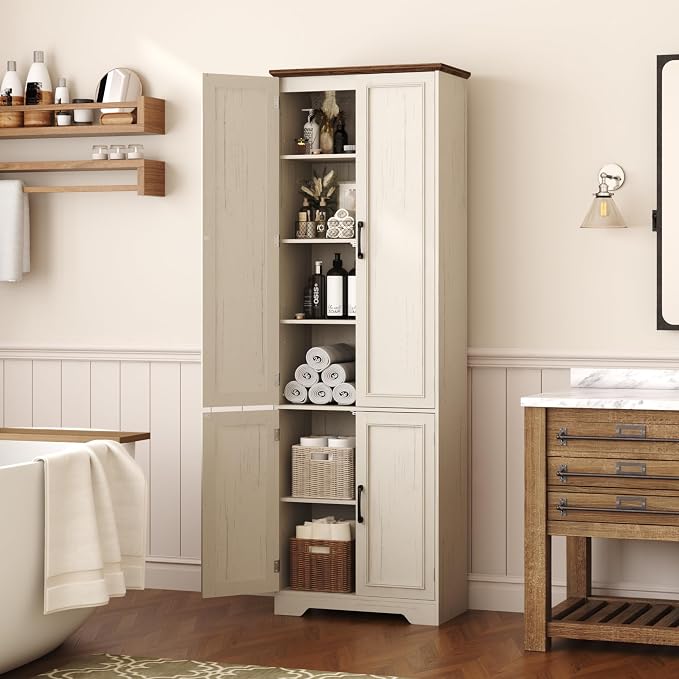 Function Home Farmhouse Kitchen Pantry Cabinet, 72" Tall Storage Cabinet with Doors and Adjustable Shelves, 6 Tier Freestanding Cupboard for Dining Room Living Room Bathroom, Antique White & Brown Top