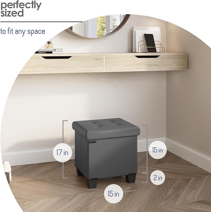 Storage Ottoman Cube with Small Bin, 15-in Square Ottoman with Storage for Living Room and Bedroom, Small Ottomans Foot Rest, Faux Leather Foot Stools Ottomans Max 330lbs, Grey