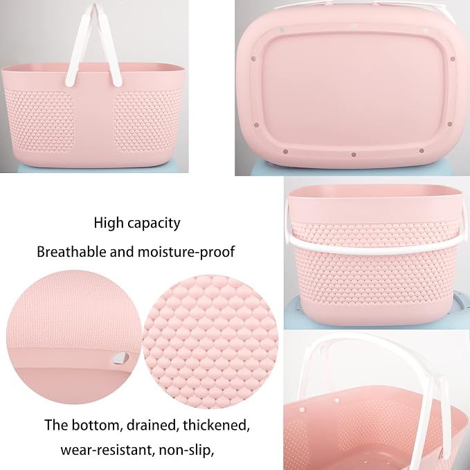 rejomiik Portable Plastic Shower Caddy Basket Organizer with Handles, Pink | Large Capacity Storage Tote for Bathroom, College Dorm Essentials, Bath Toy Storage, Kitchen