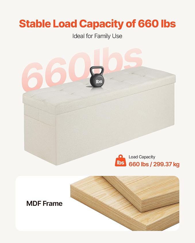 VEVOR Foldable Storage Ottoman Bench, End of Bed Bench with Side Bags, Folding Upholstered Storage Chest Supports 660 lbs, Linen Bed Ottoman with Large Space for Living Room, Bedroom, Entryway, Beige