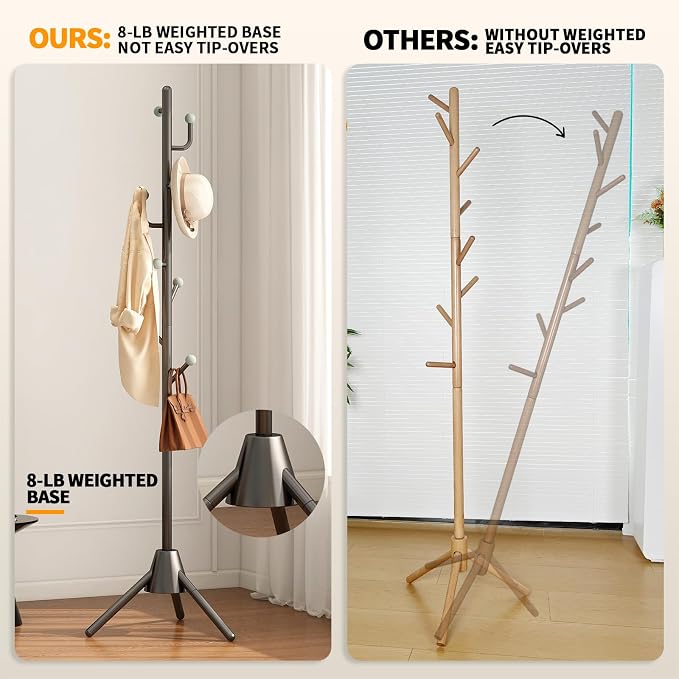 Heavy Duty Anti-Tip Coat Rack with 8LB Stable Weighted Base, [80LB Load Tested] Metal Standing Tree with 8 Hooks, 3-Height Adjustable Space Saving Clothes Organizer for Entryway, Bedroom, Office