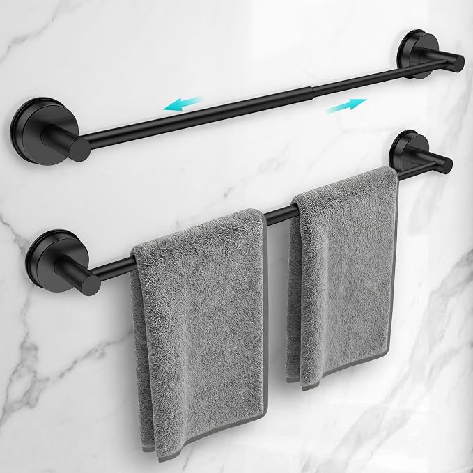 Adjustable Suction Cup Towel Bar for Bathroom Wall,17 Inch~29 Inch Towel Racks for Bathroom,Stainless Steel Bath Towel Holder for Shower,2 Pack(Matte Black)