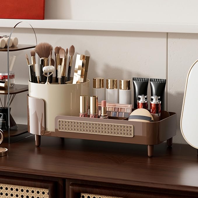 Booklov Rotating Makeup Organizer for Vanity Countertop, Coffee | Plastic Cosmetic Display Case, Large Beauty Brush Holder for Bathroom Counter, Skin Care Perfumes Storage