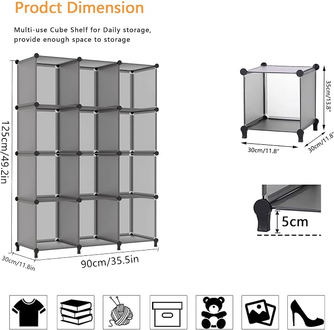 AWTATOS 12 Cube Storage Organizer, Closet Organizer Storage Shelves, Grey | Portable Closet Organizers, DIY Stackable Storage Cubes Shelves Bookshelf, Plastic Clothes Shelving for Home, Bedroom