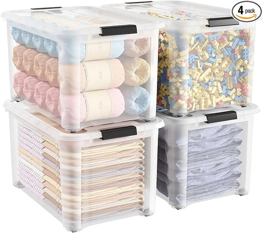 Lifewit 58Qt Storage Bins with Lids, Plastic Large Latches Boxes with Wheels, Clear Totes Tubs Container for Closet Organizers and Storage, Bedroom, Clothes, Craft, 4 Pcs