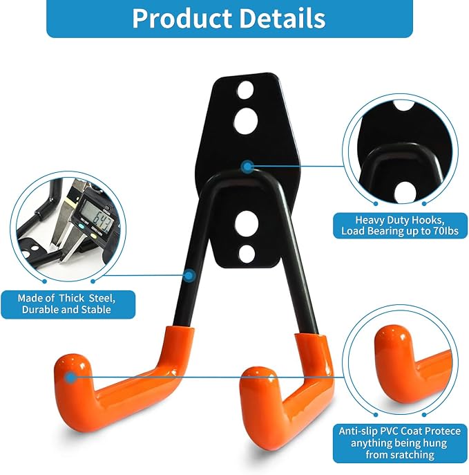 GeeWatom 2 Pack Garage Storage Utility Hooks，Garage Garden Tool Organizer，Steel Wall Mount Hooks, Garden Small U Hooks (Orange)