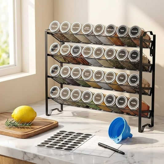 Simple Trending Spice Rack Organizer with 32 Empty Spice Jars, 64 Spice Labels, Chalk Marker and Funnel Set for Cabinet, Countertop, Kitchen, Pantry or Wall Mount, Black