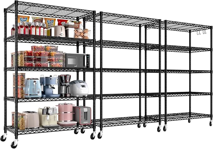 PrimeZone Wire Shelving with Wheels, 5-Tier NSF Adjustable Storage Shelves | 36"W x 16"D x 79"H Metal Shelf, Adjustable Organizer, 4 Hooks, Heavy Duty 1250 LBS Capacity for Kitchen, Pantry, 3 PCS
