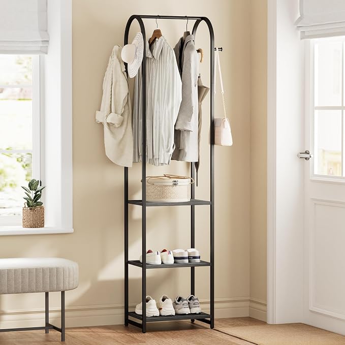 Garment Rack, Coat Rack with 3 Shelves and 4 Hooks, 71" H Clothes Stand for Hanging Clothes, Hanging Rod for for Bedroom, Hallway, Entryway, Office, Living Room, Black