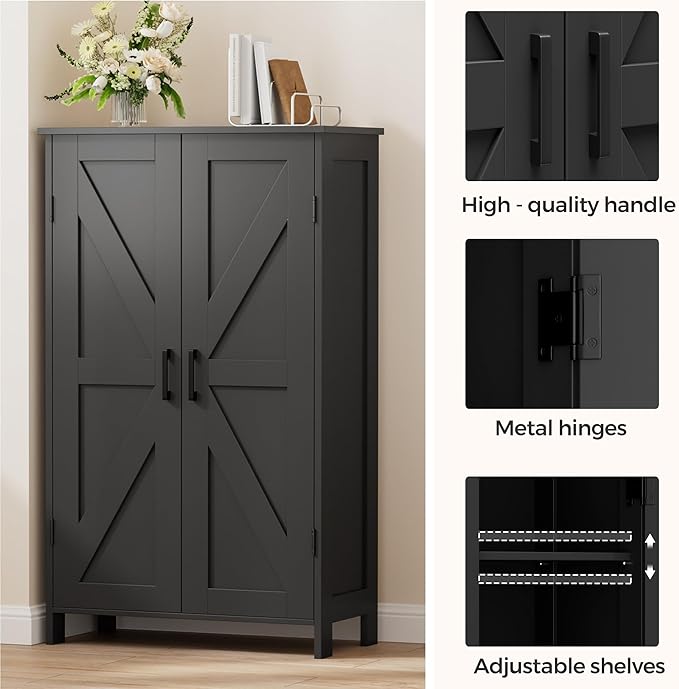 Homleke 43.3" H Farmhouse Bathroom Storage Cabinet with Adjustable Shelves | Freestanding Storage Cabinet with Barn Doors for Bathroom, Kitchen, Living Room, Dining Room & Entryway, Black