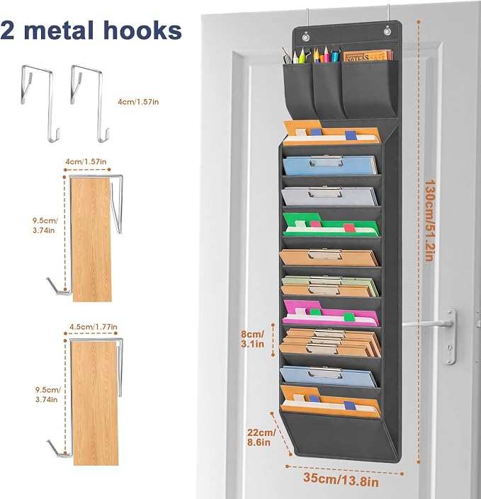 Over Door Hanging File Organizer, 10 Extra Large Pockets (Grey) | Wall file organizer, 10 extra large pockets, heavy-duty fabric. Hanging folders for mail, magazines.13.78"W × 51.18"H