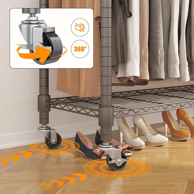 BATHWA Clothes Racks for Hanging Clothes, 25 mm tube Heavy Duty 47.3"W x 17.7"D x 80.7"H Large Wardrobe Rack with Shelves & Wheels Rolling Multifuctional for Bedroom Laundry Walk-in Closet Organizer