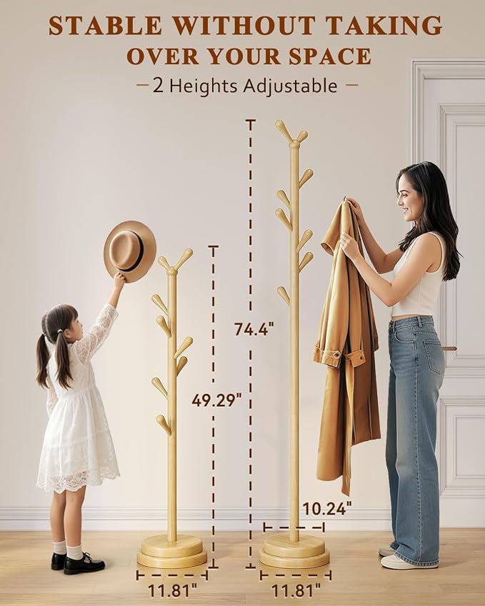 STARSAGA Solid Wood Coat Rack Freestanding Coat Tree with 8 Hooks | Adjustable Height Heavy Duty Coat Rack with Rounded Hooks & Dual-Layer Base, Holds Coats Hats Bags for Entryway, Bedroom