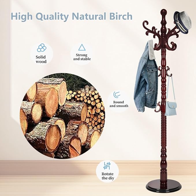 Wooden Coat Rack Stand, Coat Rack Freestanding with Sturdy Round Base, Adjustable Height Tree Coat Racks Stand for Home Bedroom Hallway Entryway Office