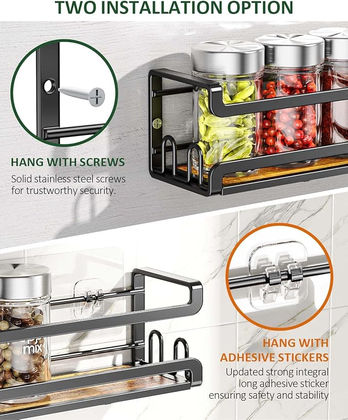 Doakhirmit Wall Mount Spice Rack, Black,4 Pack | 16 Hooks,Screw or Adhesive Installation , Hanging Organizer for Stove Cabinet Pantry Door Kitchen and RV Use