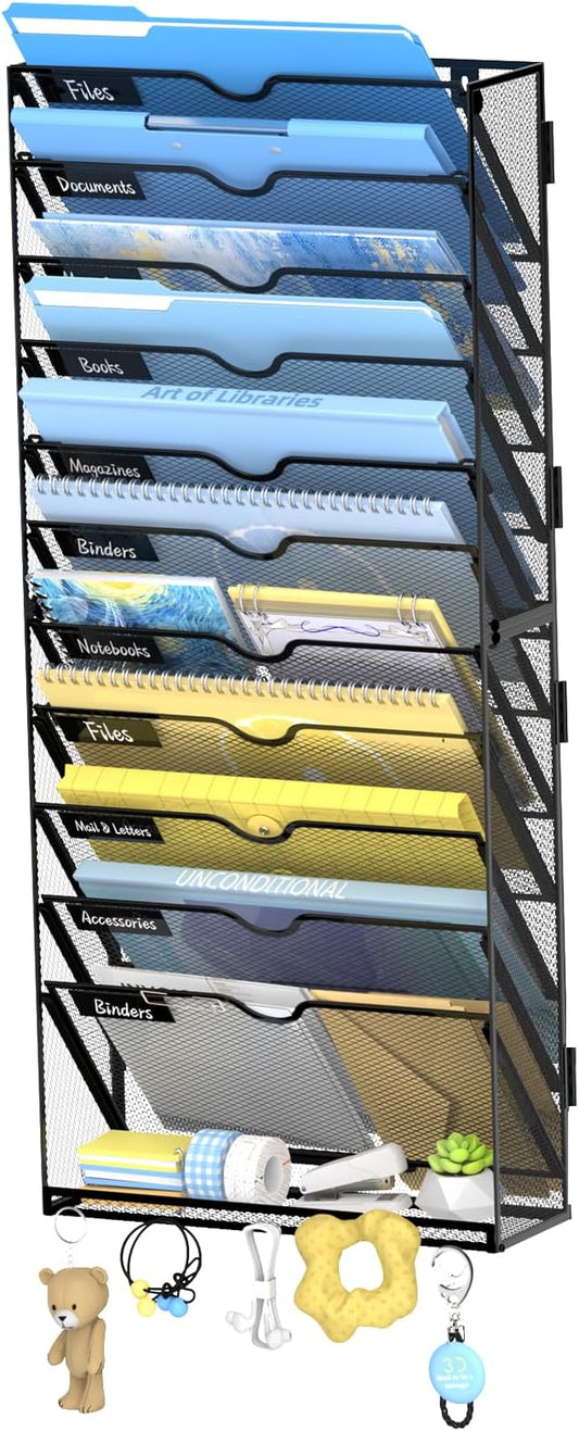 12-Tier Wall File Organizer with Hooks, Hanging File Organizer | Metal Mesh Mail Organizer, Wall Mounted File Organizer for Home, Classroom, Office Organization