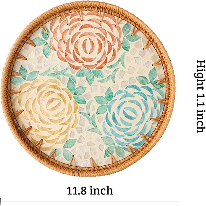 Round Rattan Tray with Mother of Pearl Inlay, Wooden Base | Coffee Table Serving Tray, Home Decorative Wicker Woven, for Outoor Patio Decor