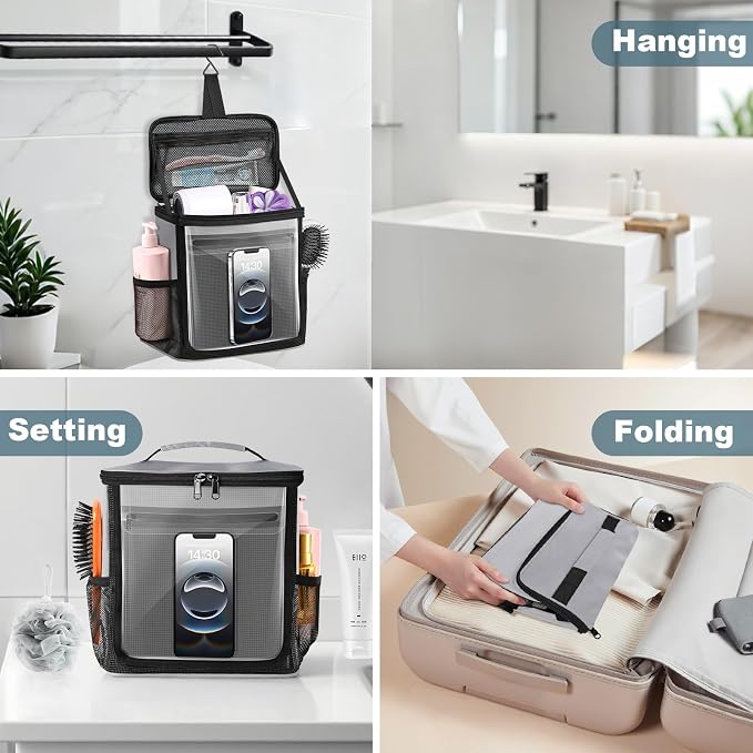 Portable Hanging Shower Caddy, Large Capacity Travel Toiletry Bag for Men & Women, Bath Organizer with Hook & Waterproof Phone Compartment, for Gym, Travel, Dorm, Picnic, Bathroom(Grey)