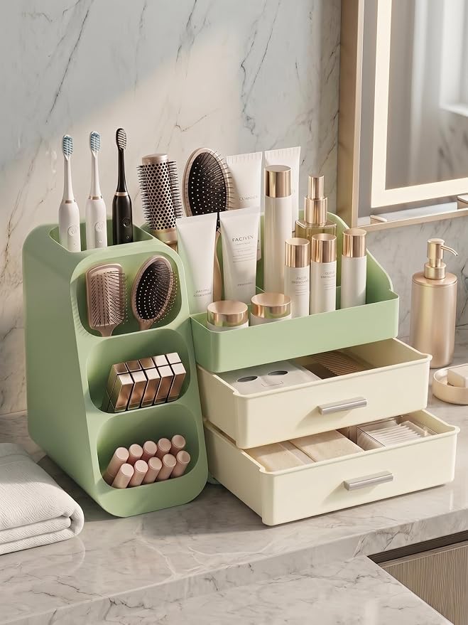 Booklov Large Makeup Organizer for Vanity Countertop, Green Cream | Plastic Cosmetic Display Case with Drawers, Beauty Brush Holder for Bathroom Counter, Skin Care Perfumes Storage