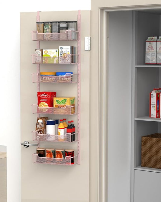 VyGrow 12.3" W Narrow Over the Door Pantry Organizer, 6-Tier Over the Door Organizer with Adjustable Basket, Pantry Door Organization for Pantry Kitchen Storage Room Spice Rack, Pink