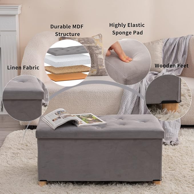 BRIAN & DANY 30 Inches Folding Storage Ottoman Bench, Ottoman with Storage for Living Room, with Wooden Feet and Lid, Grey