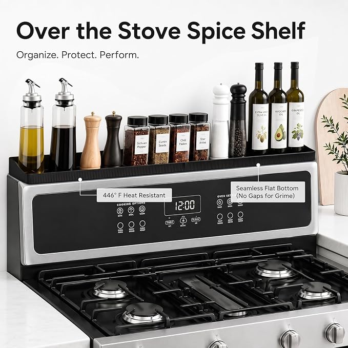 30" Magnetic Stove Top Shelf, Silicone Over the Stove Spice Rack Organizer | Heat Resistant Silicone, Anti-Rattle No-Scratch Range Shelf, 3 Functional Partitions Kitchen Storage for Spices