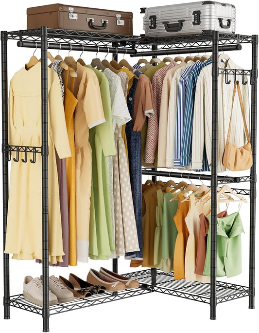 SINGAYE Heavy Duty Portable Closet Metal Clothes Racks Wardrobe with Shelf | Armoire Garment Rack Coat Rack with Adjustable Shelves Organizer and Storage for Hanging Freestanding Clothes Clothing Black