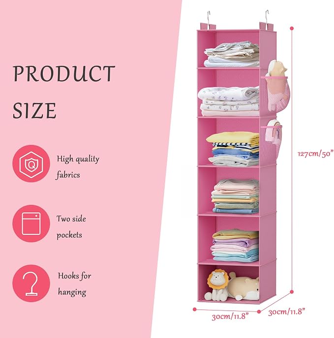 Hanging Closet Organizer and Storage with Bamboo Support, 6-Shelf Closet Hanging Storage Shelves, Closet Organizers Easy Mount Foldable for Bedroom (Pink)