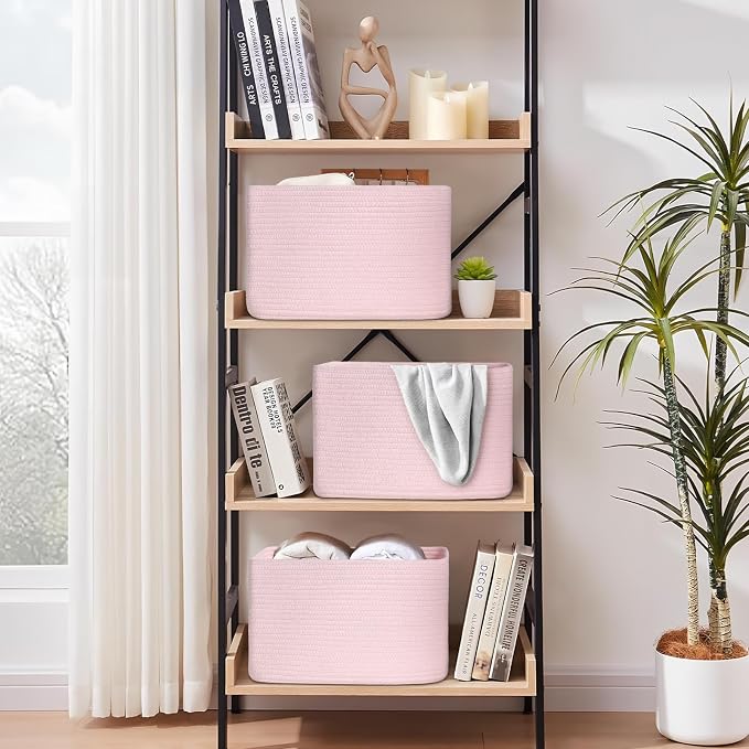 Baskets for Organizing,Storage Baskets,3 Pack Baskets for Shelfves,15"×10"×9" Woven Pink Basket,toy storage bins,bins for organization