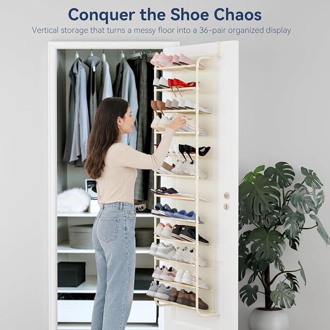 Whitmor 36 Pair Over The Door Shoe Organizer, 12 Tier Hanging Shoe Organizer, Heavy Duty Metal & Mesh Shoe Holder, Hanging Shoe Rack for Closet Organizer & Storage, 74"H x 21.7"W x 7.5"D, Beige