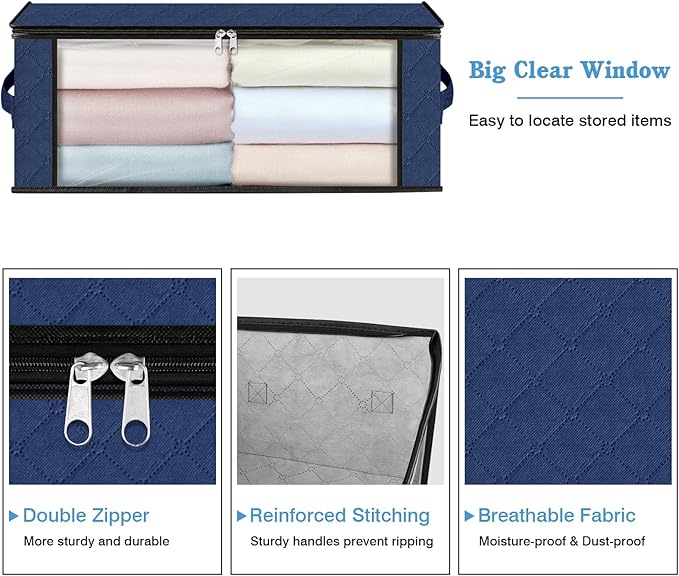 HomeHacks 10-Pack Clothes Organizer Storage Bags, 35L Storage Bins, Blue | Foldable Storage Box Container with Zippers, Clear Window, Reinforced Handles for Closet, Dorm, Pillows, Bedding, Sweater