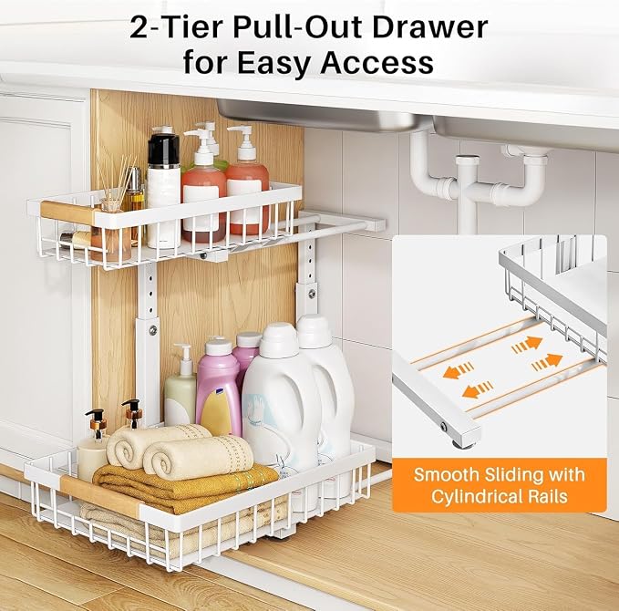PXRACK Under Sink Organizer, Adjustable Height, 2 Tier Pull Out Under Cabinet Organizer, Slide Out Thickened Metal Under Sink Storage for Kitchen Bathroom Laundry Pantry Cabinet, White, Large-1-Pack