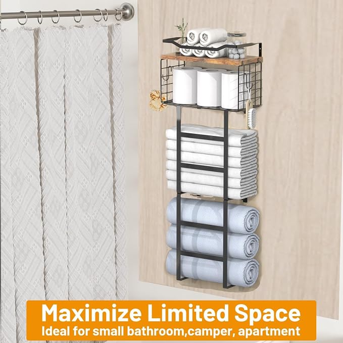 Towel Racks for Bathroom, 34IN Towel Rack Wall Mounted with 2 Pack Towel Shelf and a Wire Basket, Rolled Towel Holder Shelf Bathroom Storage and Organizer, Sturdy Metal & Wood, Black