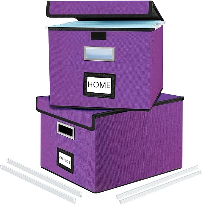 File Organizer Box with Lids, Collapsible File Folder Organizer | File Box with Plastic Slides for Office Document Storage, Filing Bin for Letter Size Hanging File Folders (2 Pack, Purple)
