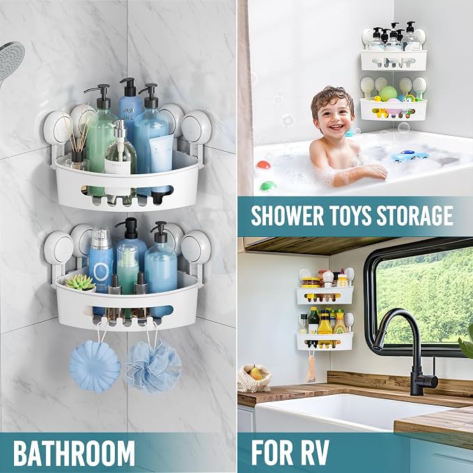 TAILI Suction Corner Shower Caddy, Bathroom Shelf Storage Basket Wall Mounted Organizer for Shampoo, Conditioner, Plastic Rack for Kitchen&Bathroom, Drill-Free Removable (2 Pack) | Wall Mounted Shower Organizer, Shampoo Holder, Plastic Rack, Drill-Free...