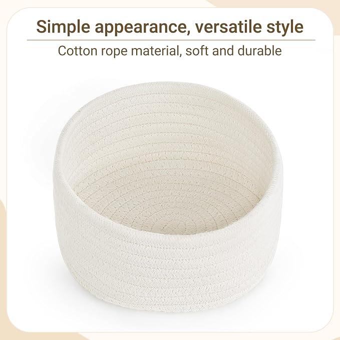 Dahey 4 Pcs Small Woven Baskets Set, Mini Cotton Rope Storage Bins for Organizing, Cute Tiny Round Decorative Baskets for Gifts, Living Room Bathroom Home Decor, 7.09"W x 3.15"H, White