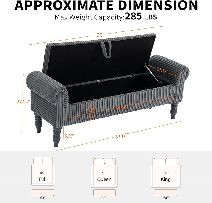 60" Corduroy Storage Bench, Queen End of Bed, Grey | Corduroy Upholstered, Bedroom/Entryway/Closet, Storage Ottoman Bench, Window Seat, Lift-Top, Tufted Button, Solid Wood Legs.