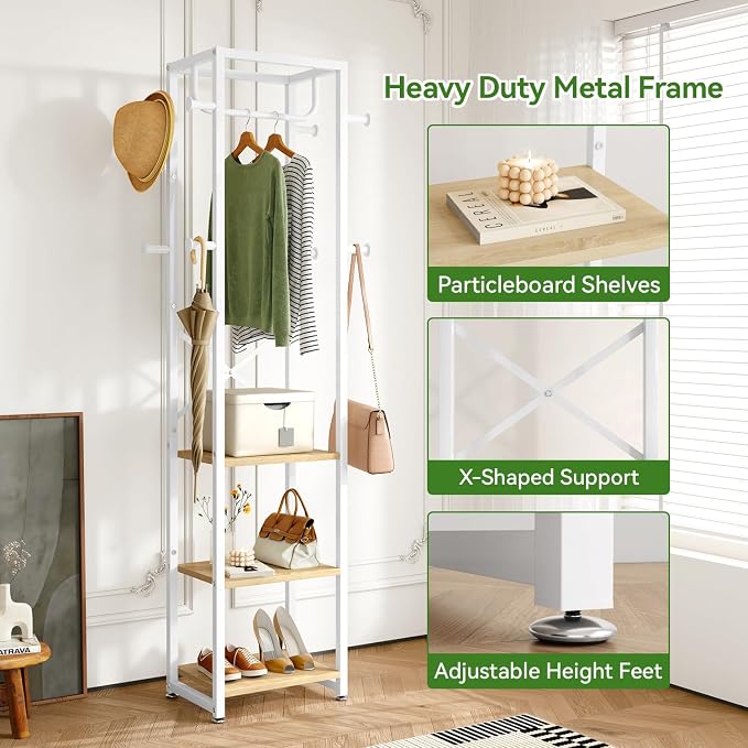IBUYKE Freestanding Coat Rack,with 3 Shelves and 8 Hooks,Natural UTMJ088R | Metal Frame,Industrial Hall Tree,Clothes Stand for Entryway, Hallway, Bedroom,Office, Living Room