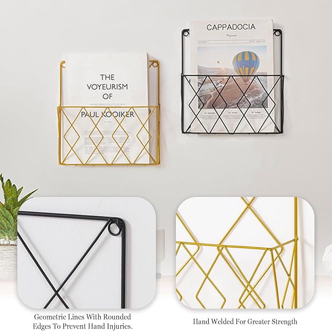 Wall-Mounted File Organizer, Metal Wall File Holder, Magazine Rack, Space-Saving Design, Ideal for Home Office, Workspace, and Study Room Organization (Black)