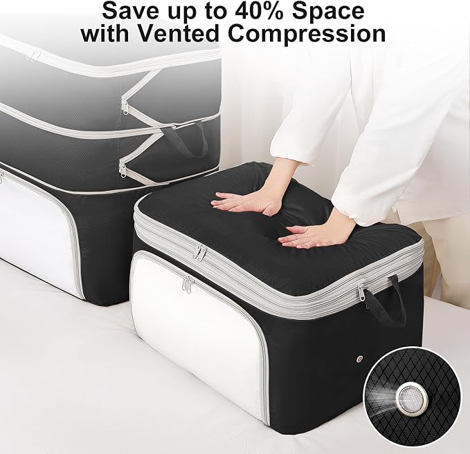 Comforter Storage Bag - 130L Blanket Storage Bags Front-opening Ultra Space Saving Self Compression Organizer, Washable Compression Bags for Storage Comforter Blanket, 1 Pack, Black
