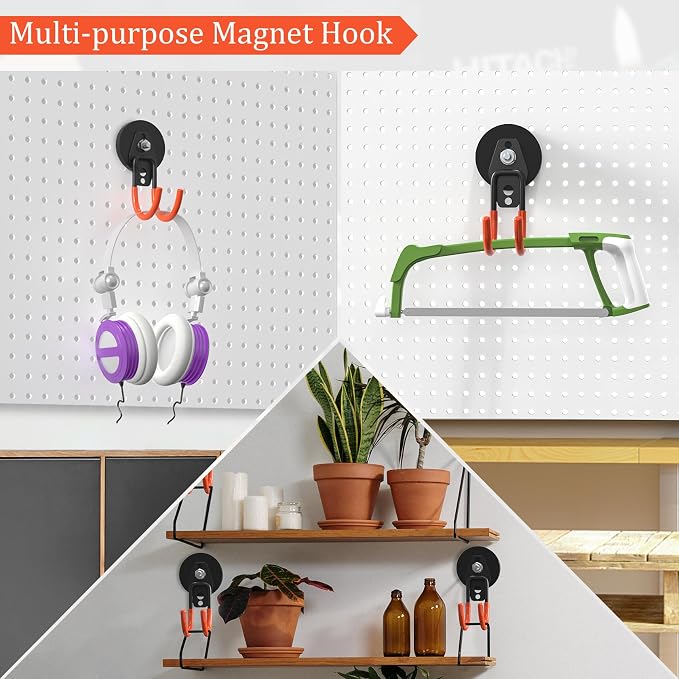 Heavy Duty Magnetic Garage Hooks, 4 Pack 2.59 Inch Large Neodymium Magnet Hooks Magnetic Storage Utility Hooks for Power Drill, Garden Tools,Metal Cabinet, Workshop