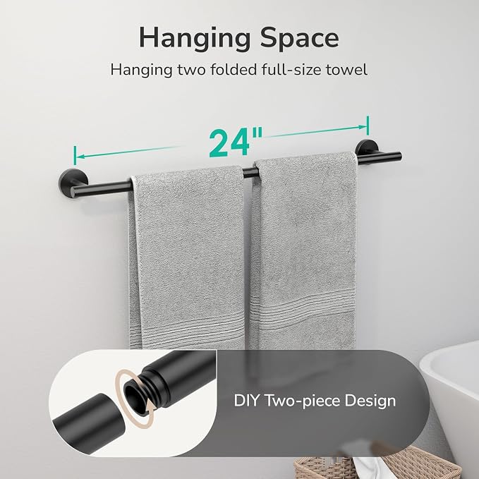 USHOWER Matte Black Towel Bar, 24-Inch Towel Racks for Bathroom | Thicken SUS304 Stainless Steel Towel Rod, Towel Holder Wall-Mounted, Modern Home Decor (Total Length 26-Inch)