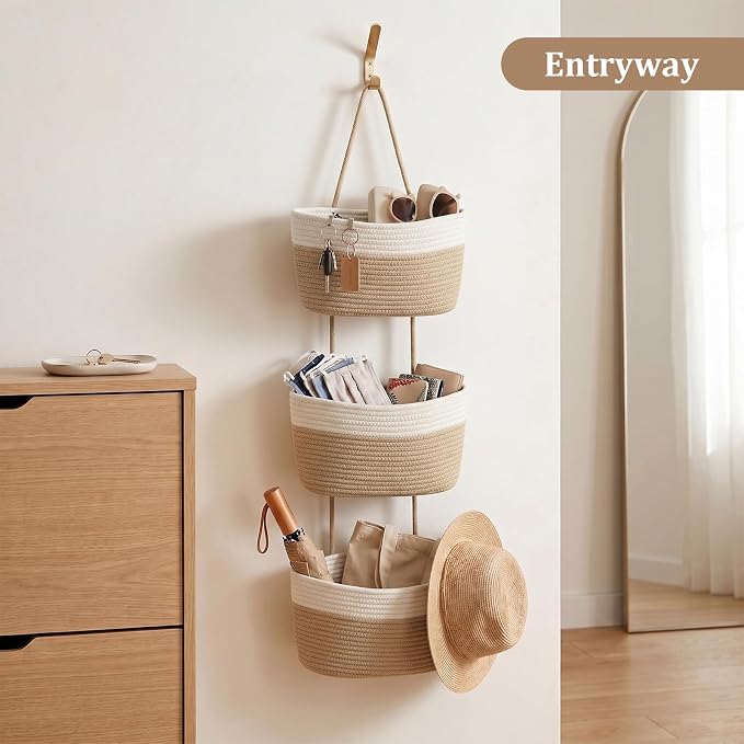 TeoKJ Over the Door Hanging Basket, 3-Tier Woven Cotton Wall-Mounted Storage Organizer Bag Decorative Hanging Nursery Baskets, White & Jute