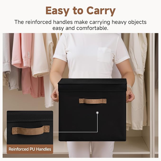 StorageWorks Storage Bins with Lid, Decorative Fabric Storage Bins with Handles, Stackable Closet Organizers for Shelves and Bedroom, Large, Black, 2-Pack