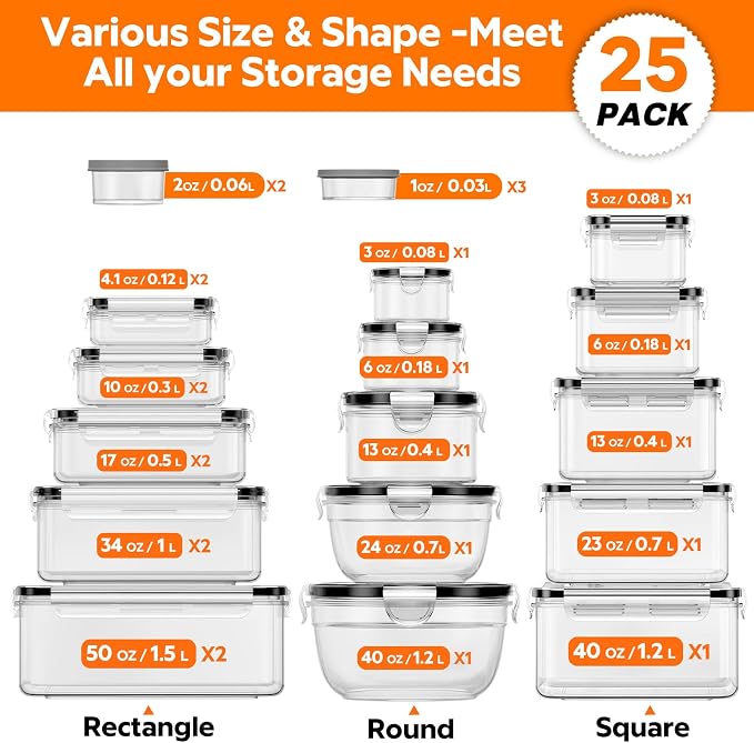 50 PCS Food Storage Containers with Lids (25 Containers & 25 Lids) - Reusable Plastic Food Containers for Kitchen Storage and Organization BPA-Free Leakproof Meal Prep Container with Labels & Pen